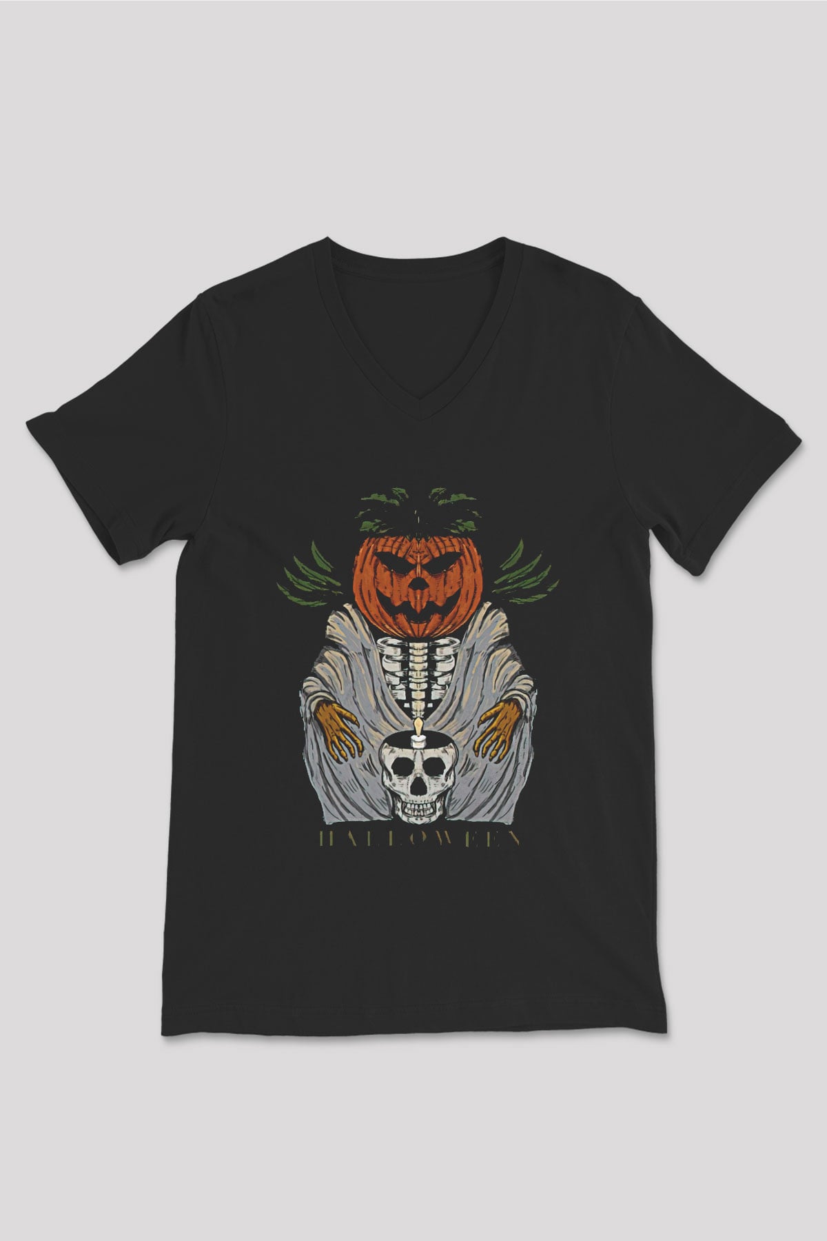 Halloween Baskılı Unisex Siyah V Yaka Tişört - Tshirt