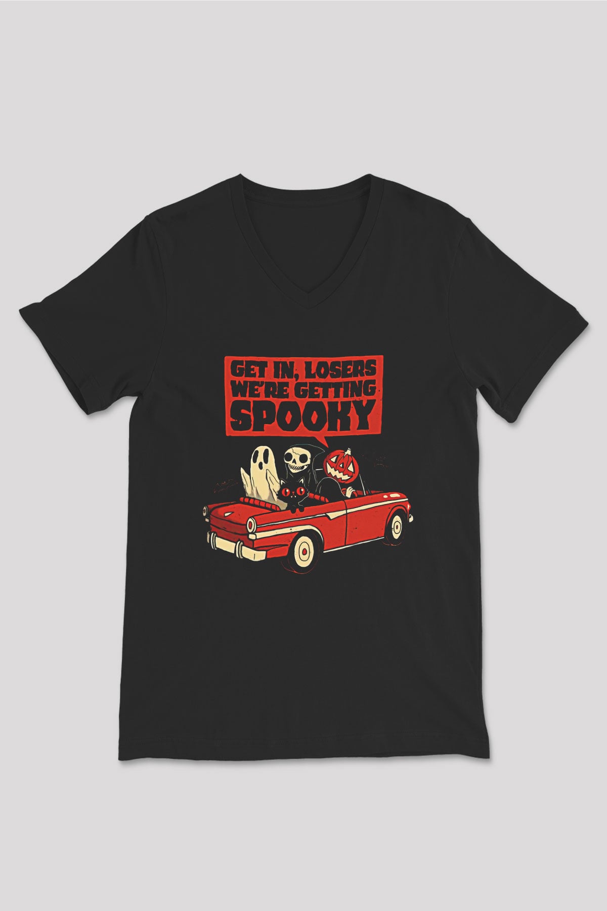Halloween Baskılı Unisex Siyah V Yaka Tişört - Tshirt