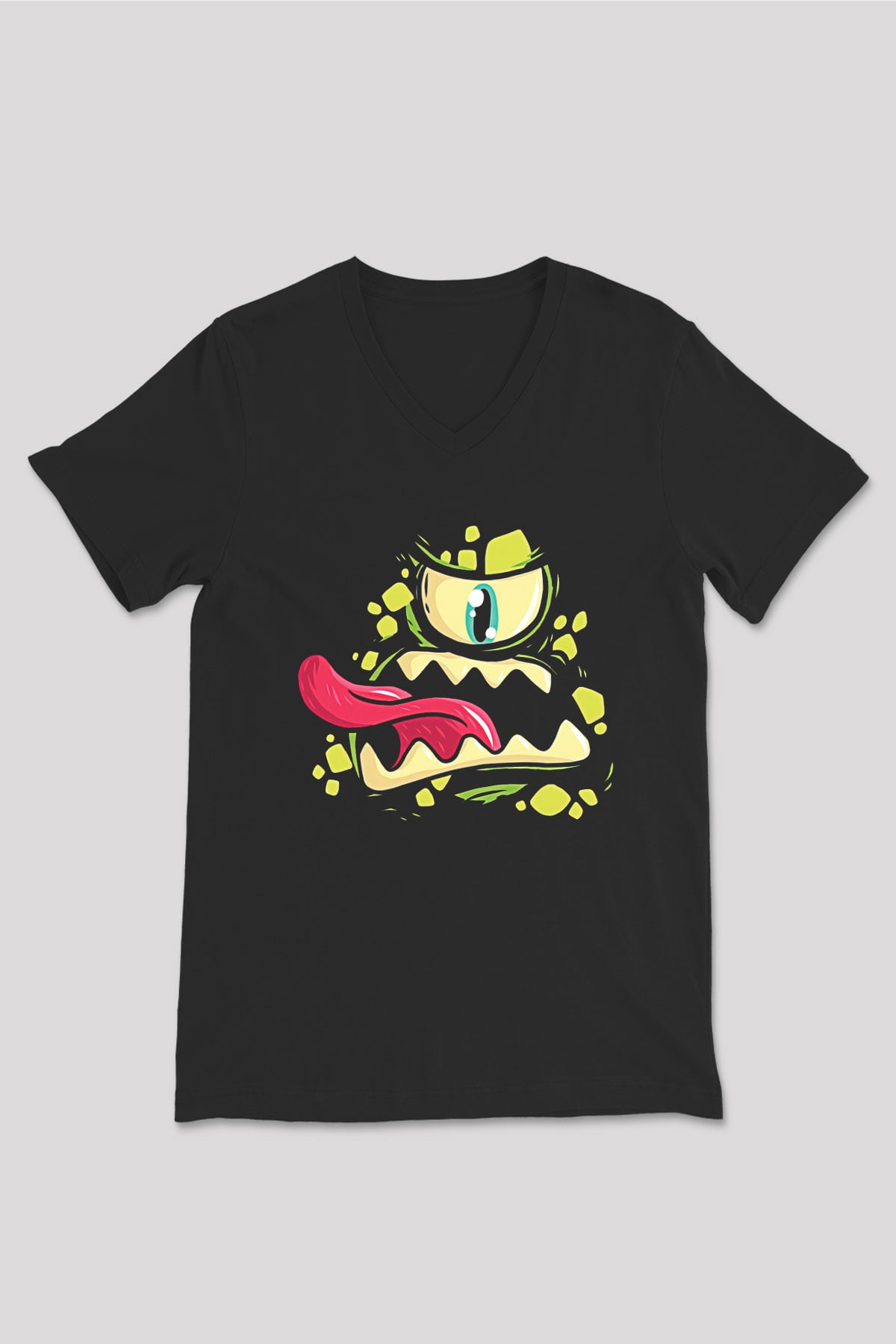 Halloween Baskılı Unisex Siyah V Yaka Tişört - Tshirt