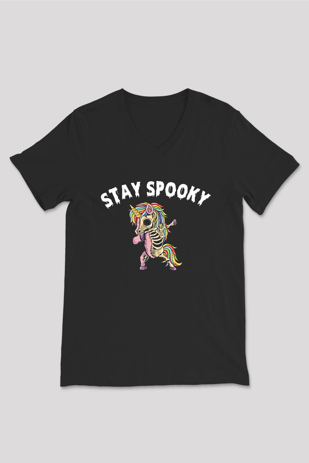 Halloween Baskılı Unisex Siyah V Yaka Tişört - Tshirt