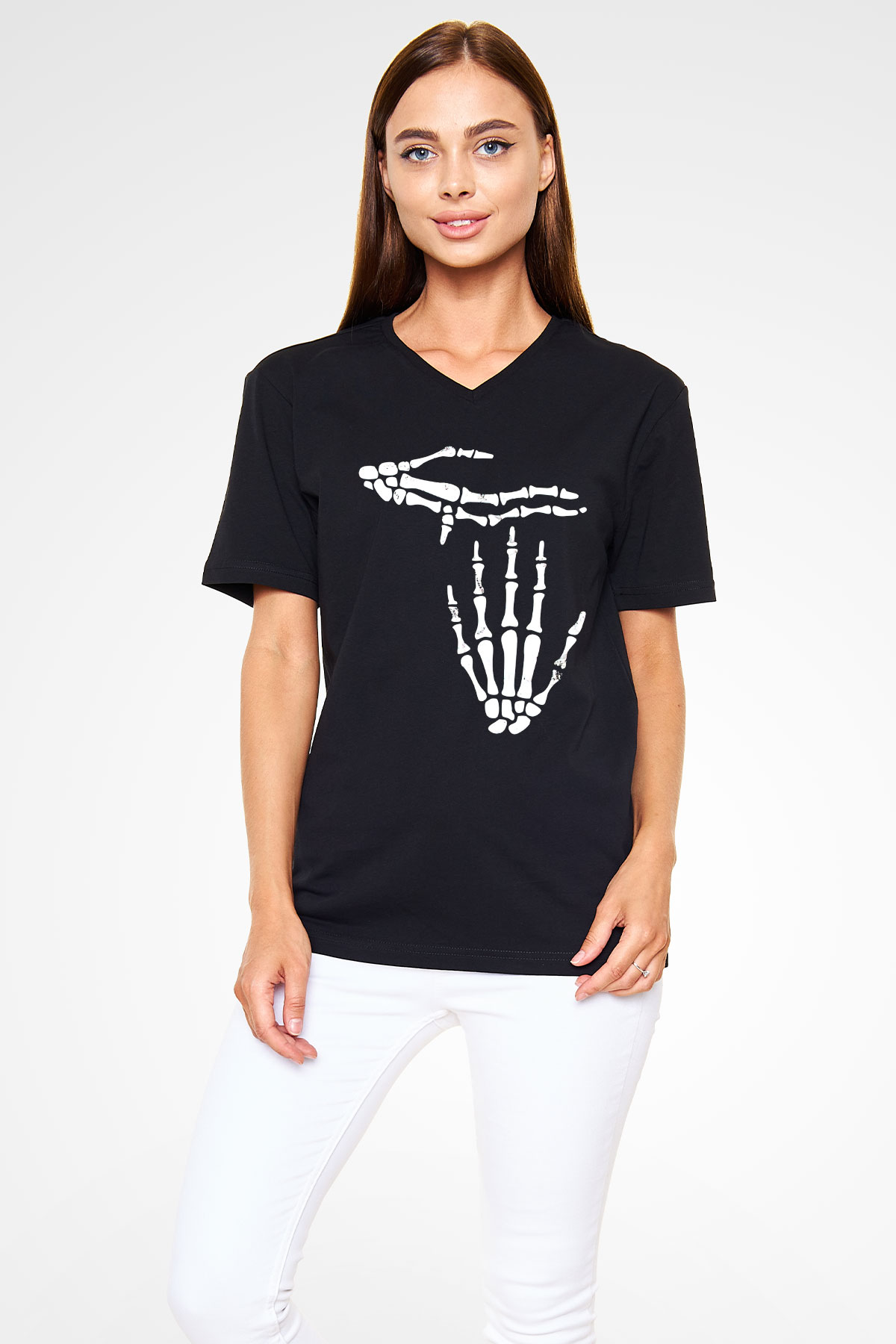 Halloween Baskılı Unisex Siyah V Yaka Tişört - Tshirt