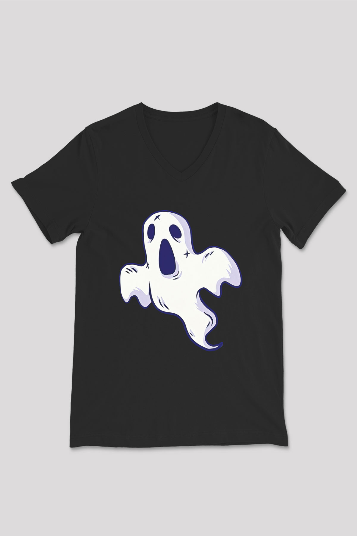 Halloween Baskılı Unisex Siyah V Yaka Tişört - Tshirt