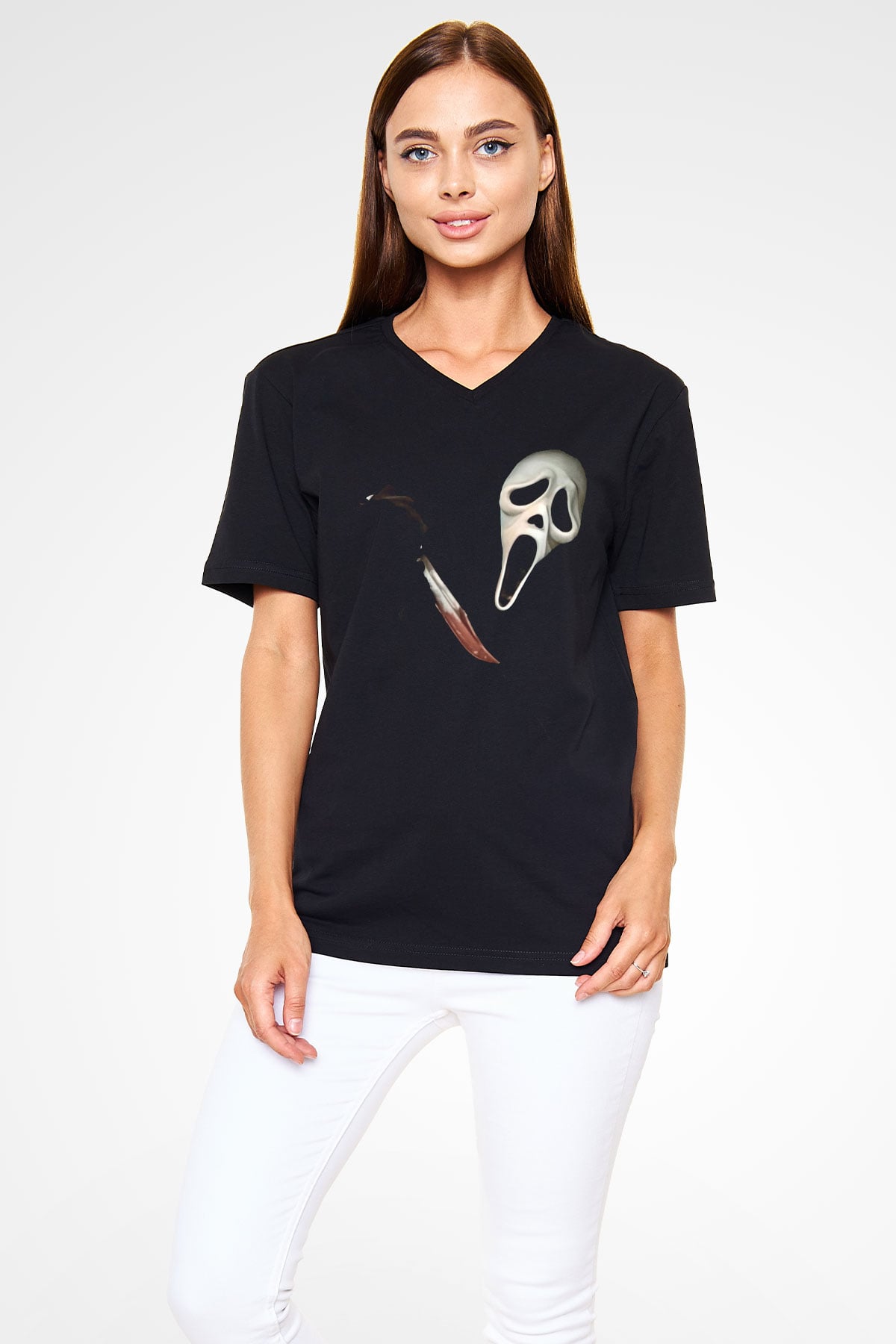 Halloween Baskılı Unisex Siyah V Yaka Tişört - Tshirt