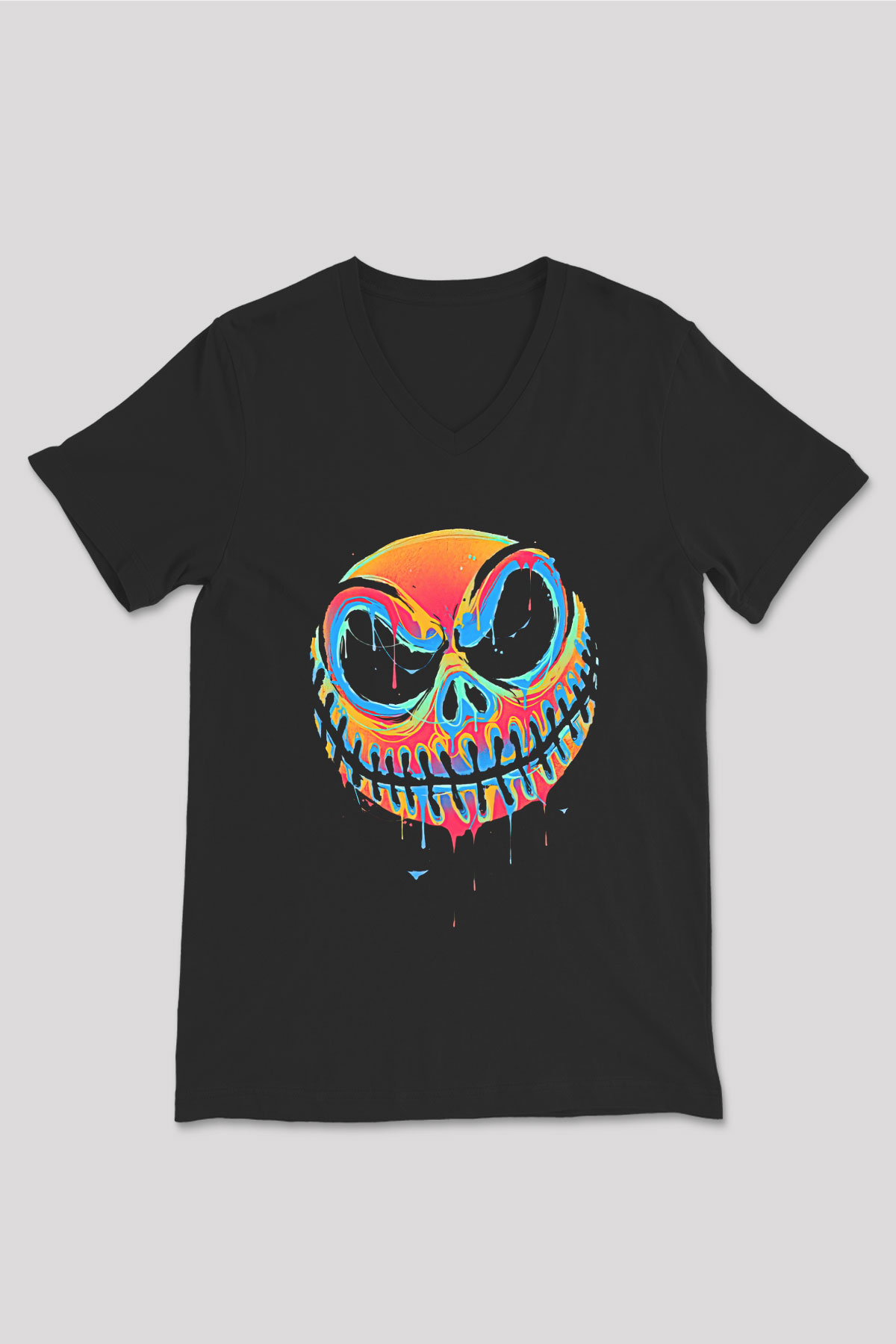 Halloween Baskılı Unisex Siyah V Yaka Tişört - Tshirt