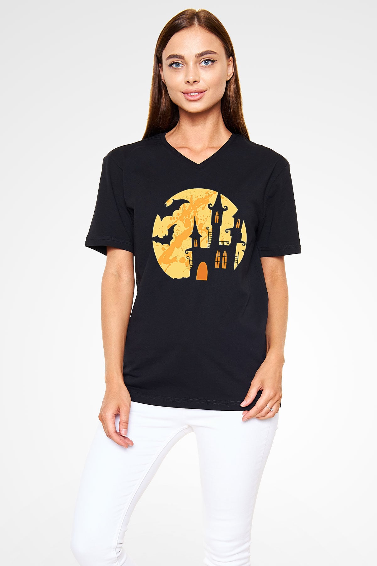 Halloween Baskılı Unisex Siyah V Yaka Tişört - Tshirt