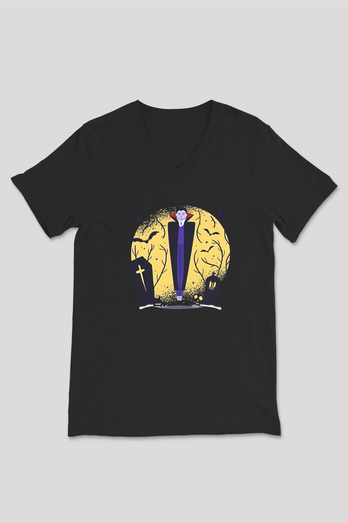 Halloween Baskılı Unisex Siyah V Yaka Tişört - Tshirt