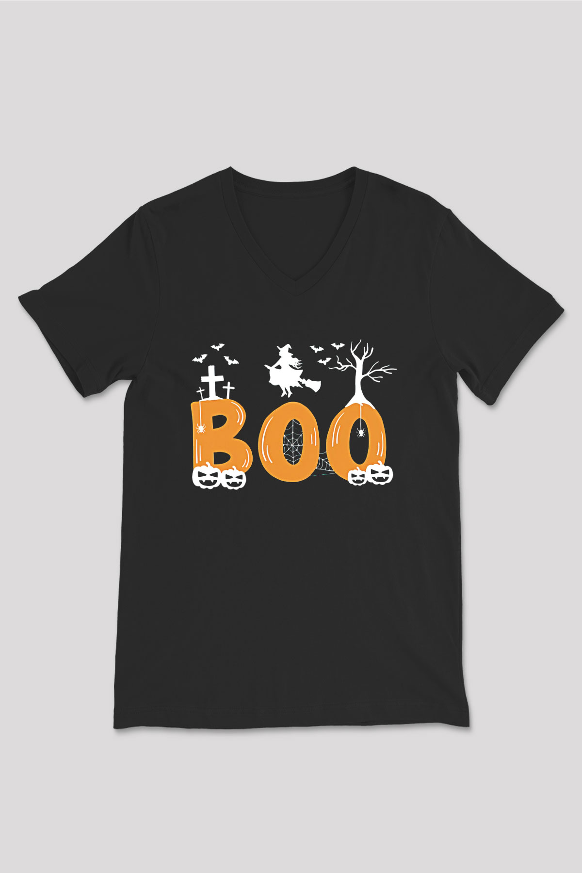 Halloween Baskılı Unisex Siyah V Yaka Tişört - Tshirt
