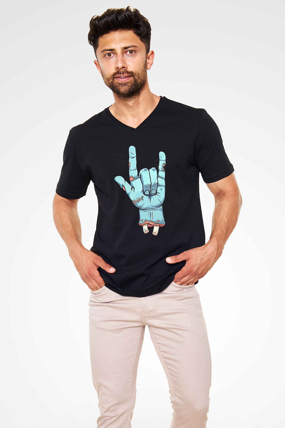 Halloween Baskılı Unisex Siyah V Yaka Tişört - Tshirt