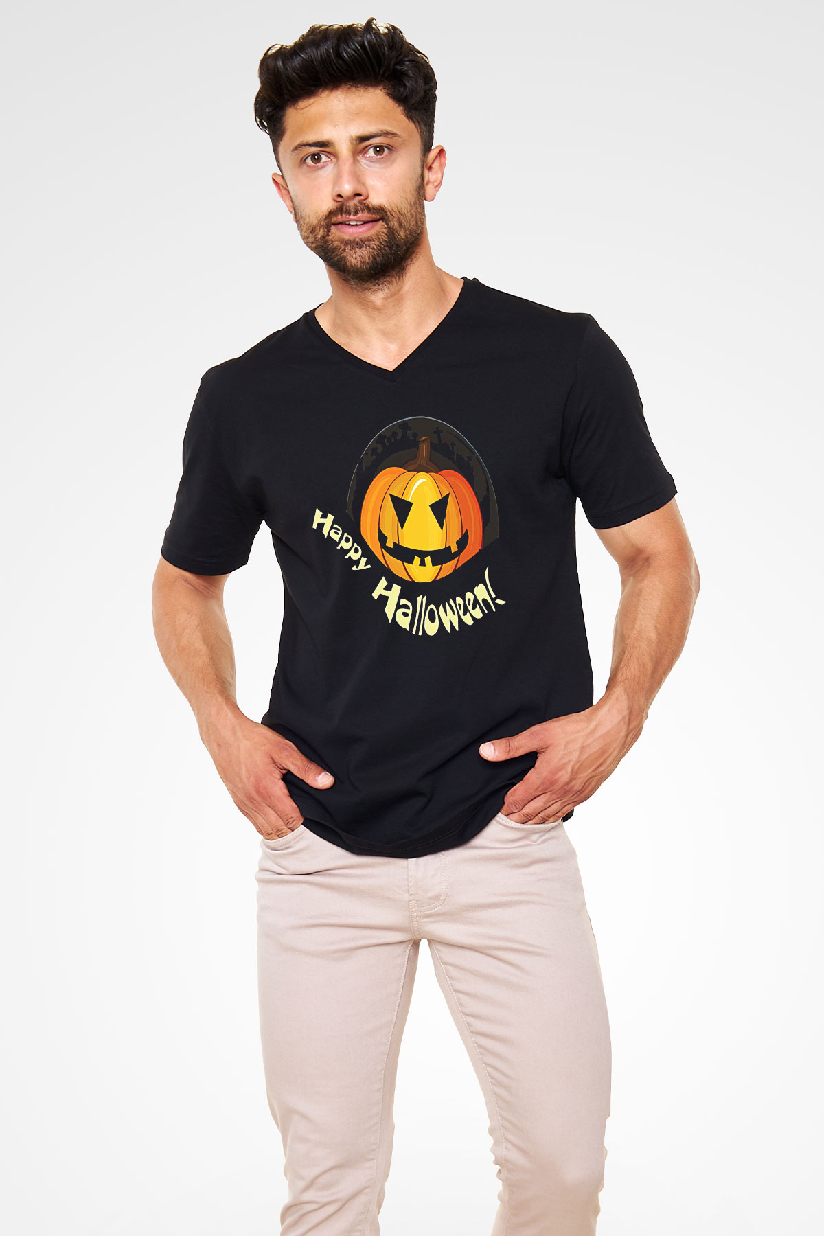 Halloween Baskılı Unisex Siyah V Yaka Tişört - Tshirt