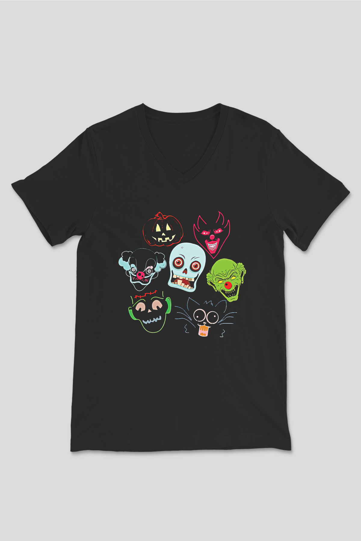 Halloween Baskılı Unisex Siyah V Yaka Tişört - Tshirt