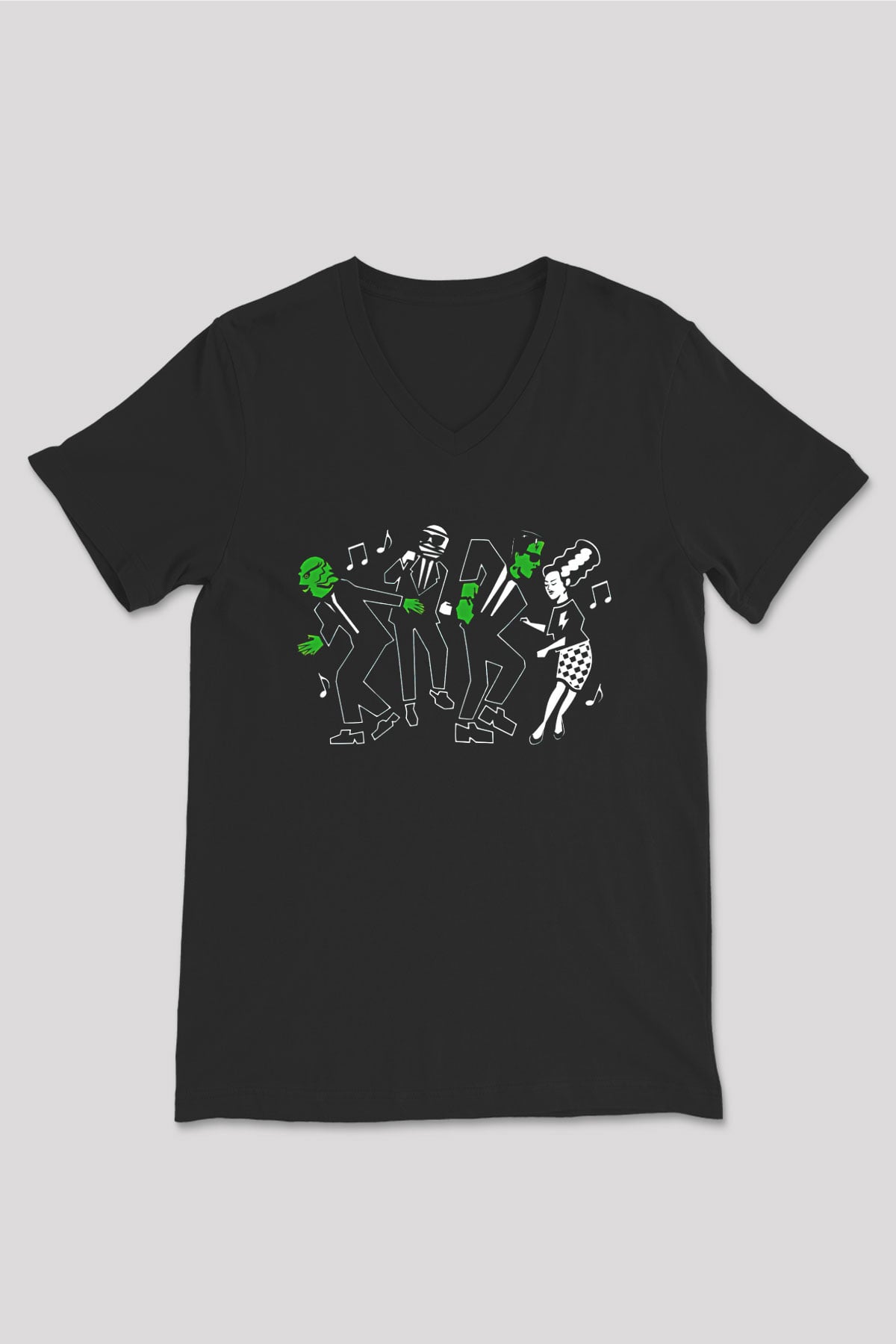 Halloween Baskılı Unisex Siyah V Yaka Tişört - Tshirt