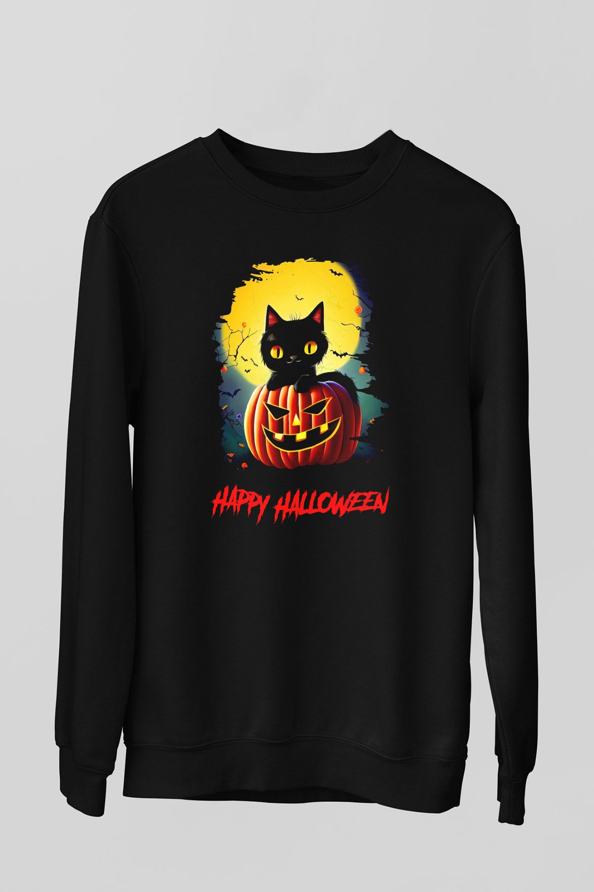 Halloween Kedicik Baskılı Unisex Siyah  Sweatshirt