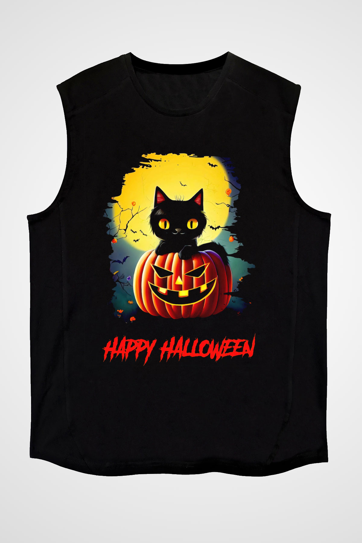Halloween Kedicik Baskılı Unisex Siyah  Kolsuz Tişört