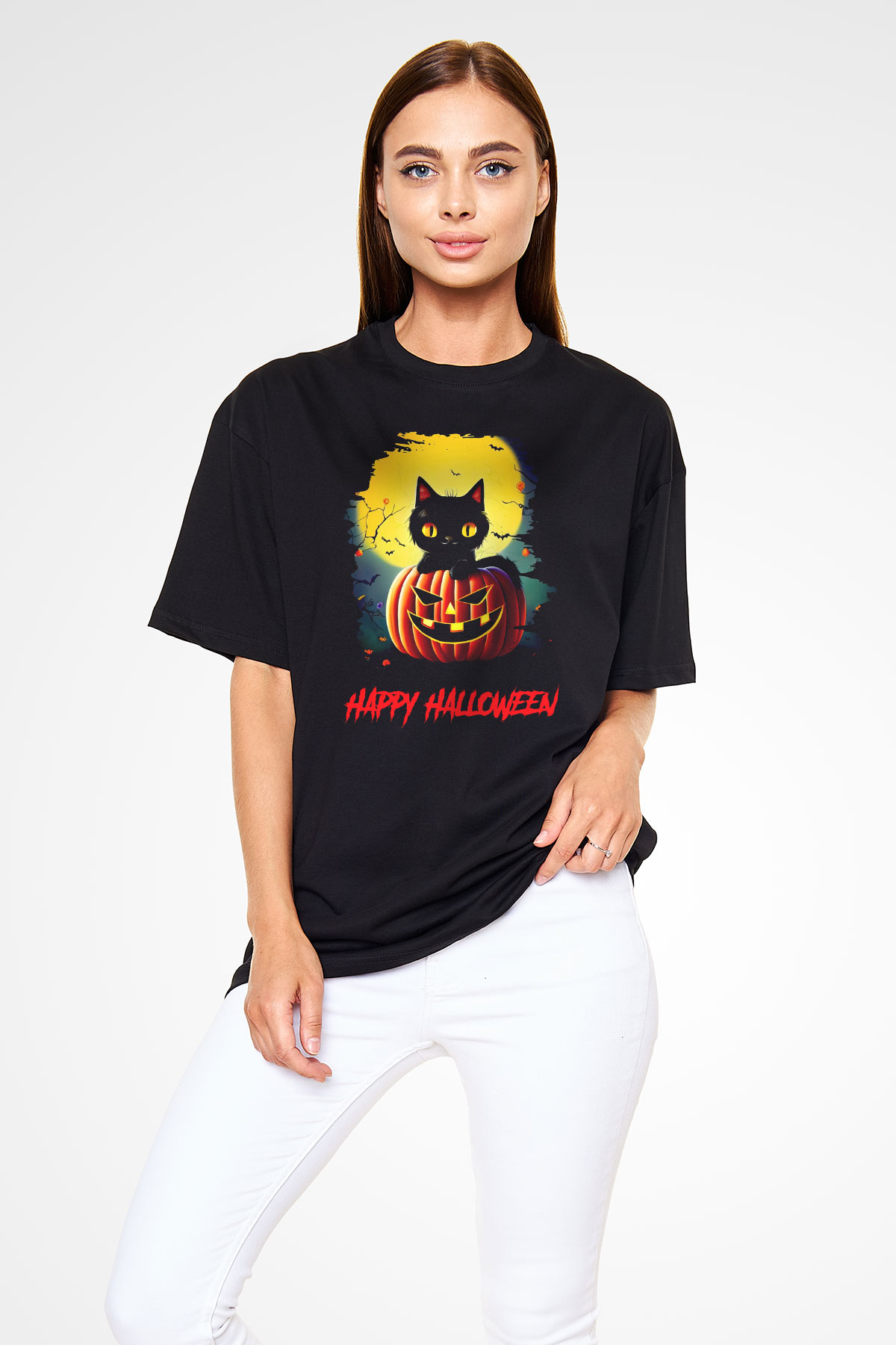 Halloween Kedicik Baskılı Unisex Siyah Tişört
