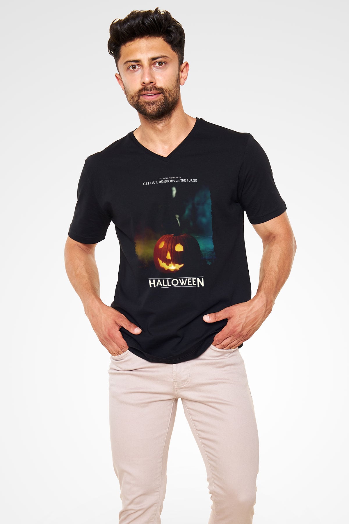 Halloween Siyah Unisex V Yaka Tişört