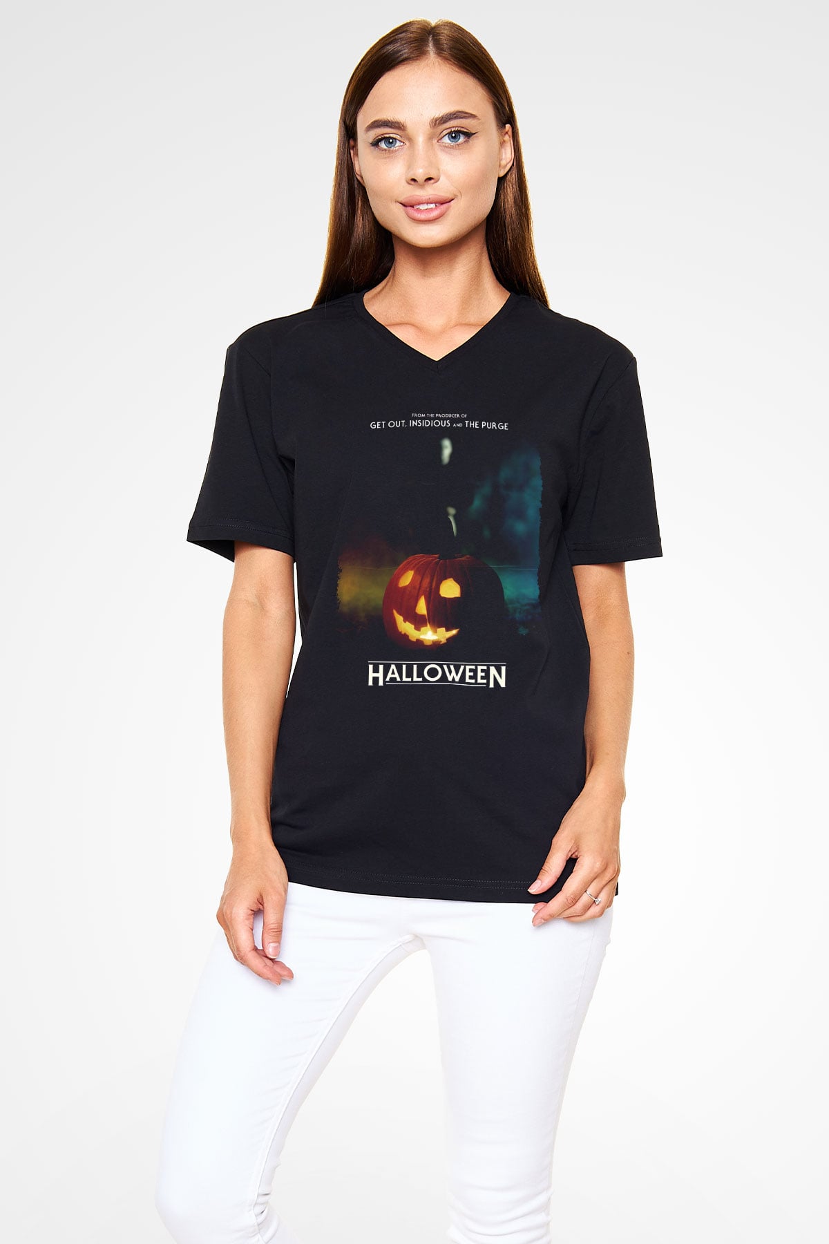 Halloween Siyah Unisex V Yaka Tişört