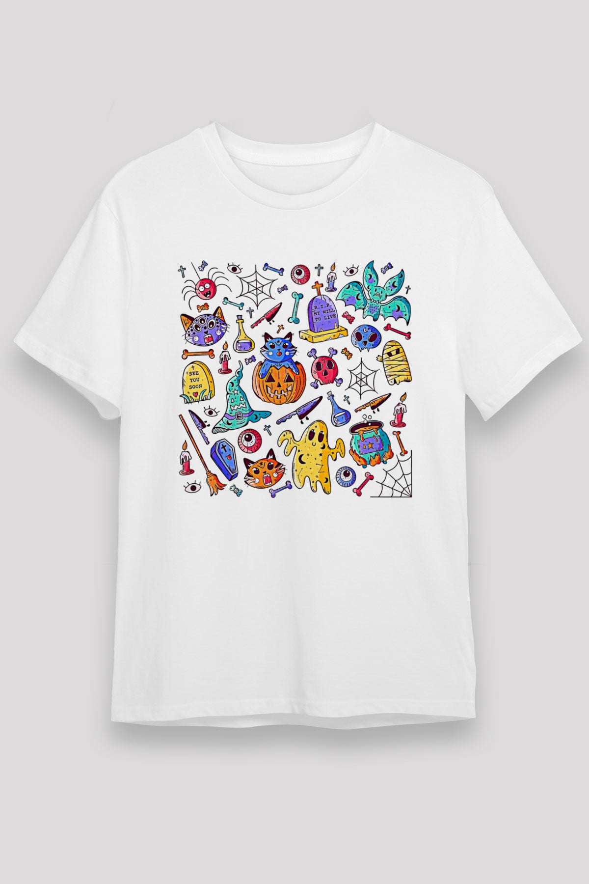 Halloween Unisex Baskılı Beyaz Tişört - Tshirt