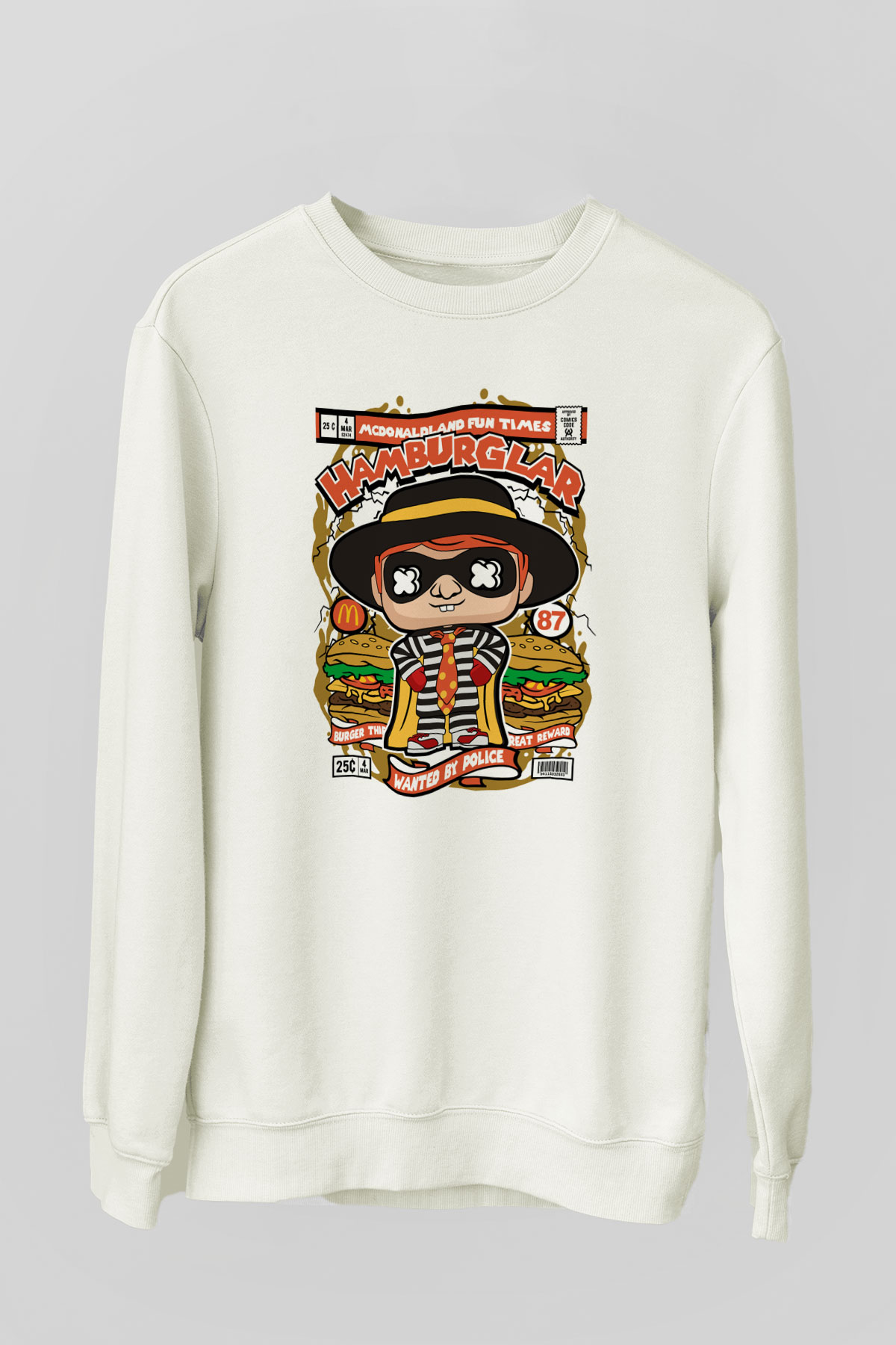 Hamburger Hırsızı Baskılı Beyaz Sweatshirt