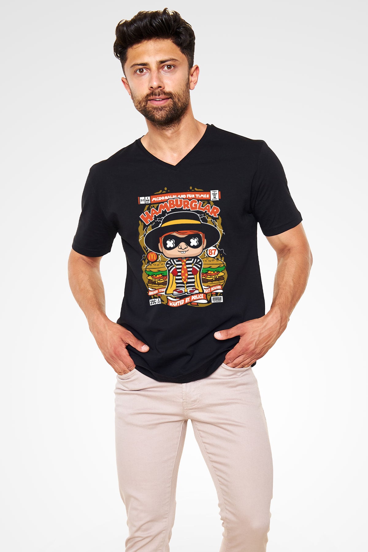 Hamburglar Baskılı Unisex Siyah V Yaka Tişört