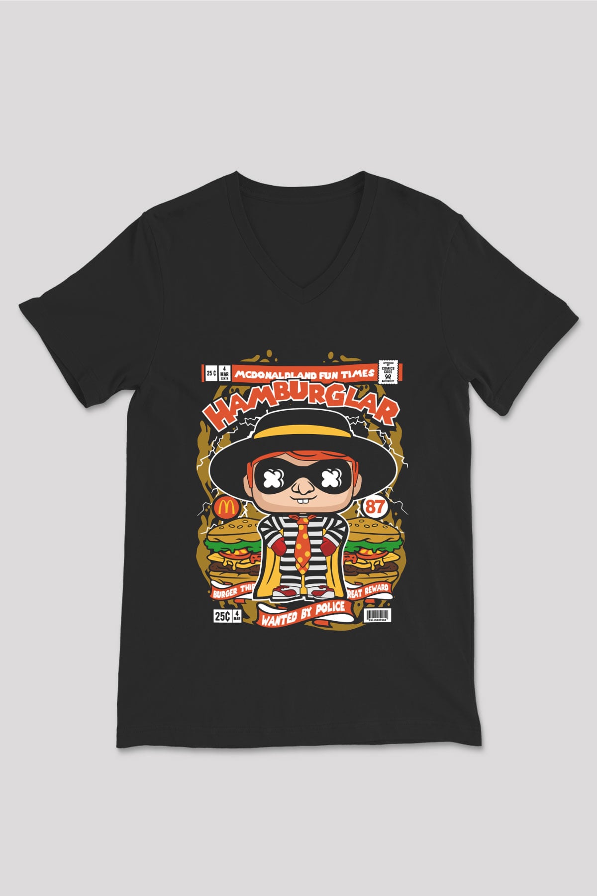 Hamburglar Baskılı Unisex Siyah V Yaka Tişört