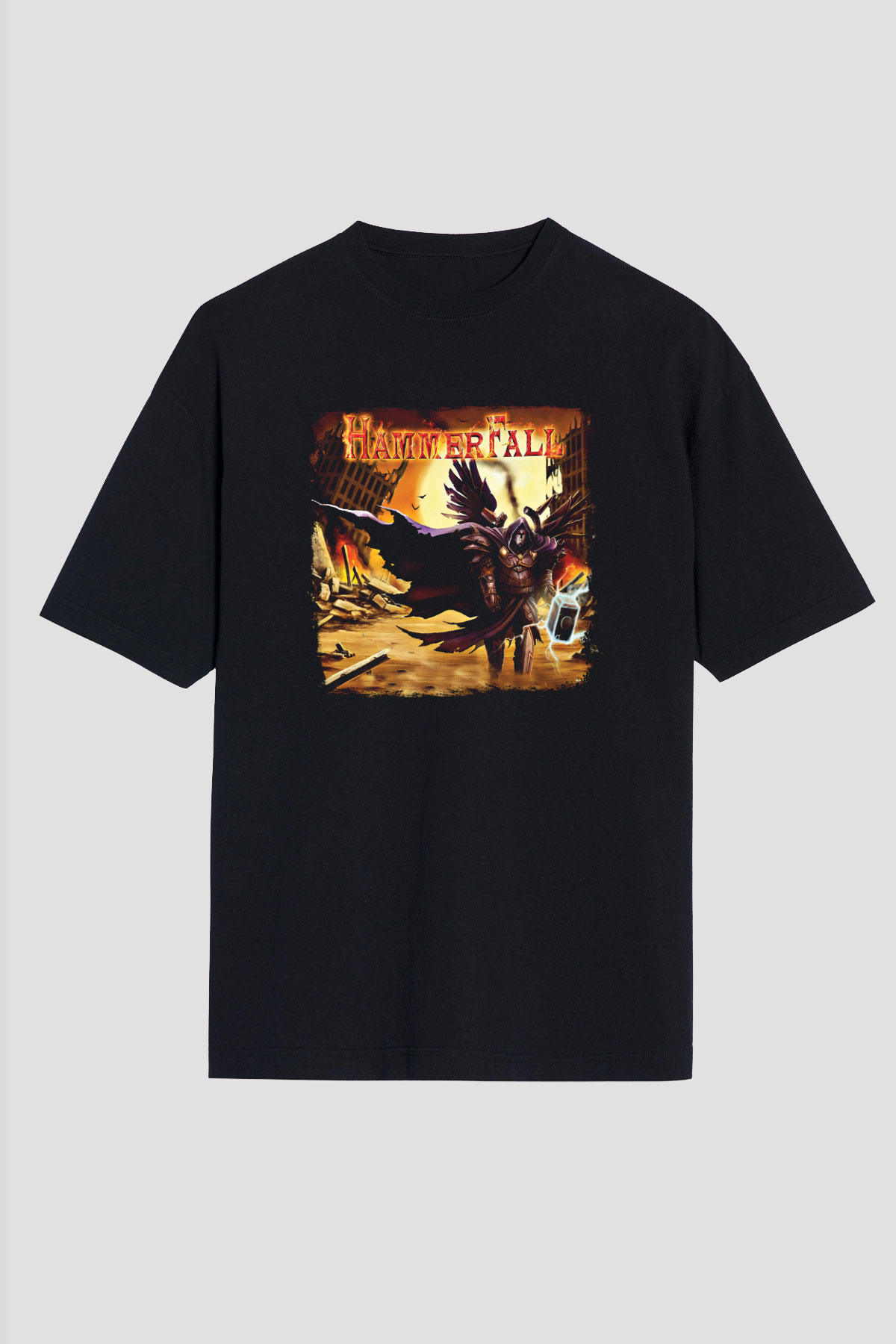 HammerFall Baskılı Unisex Siyah Oversize Tişört