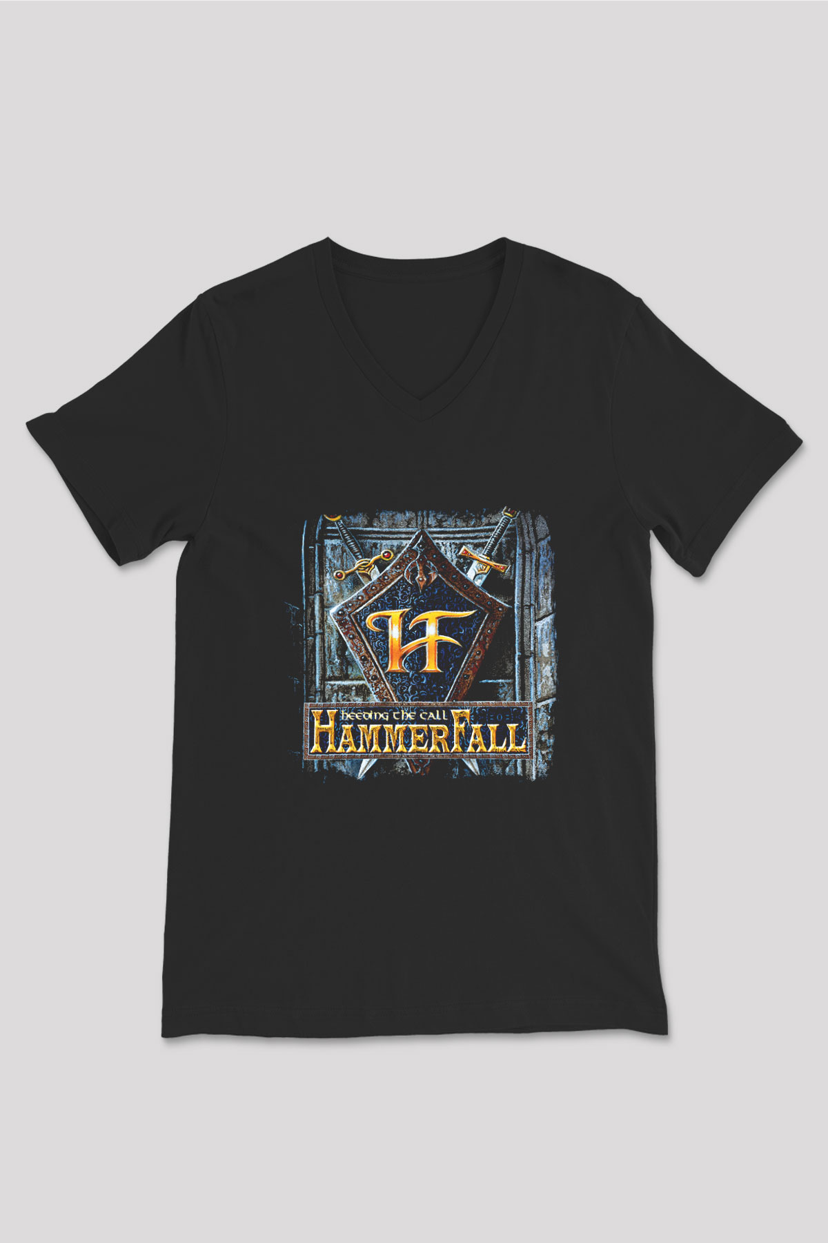 HammerFall Baskılı Unisex Siyah V Yaka Tişört