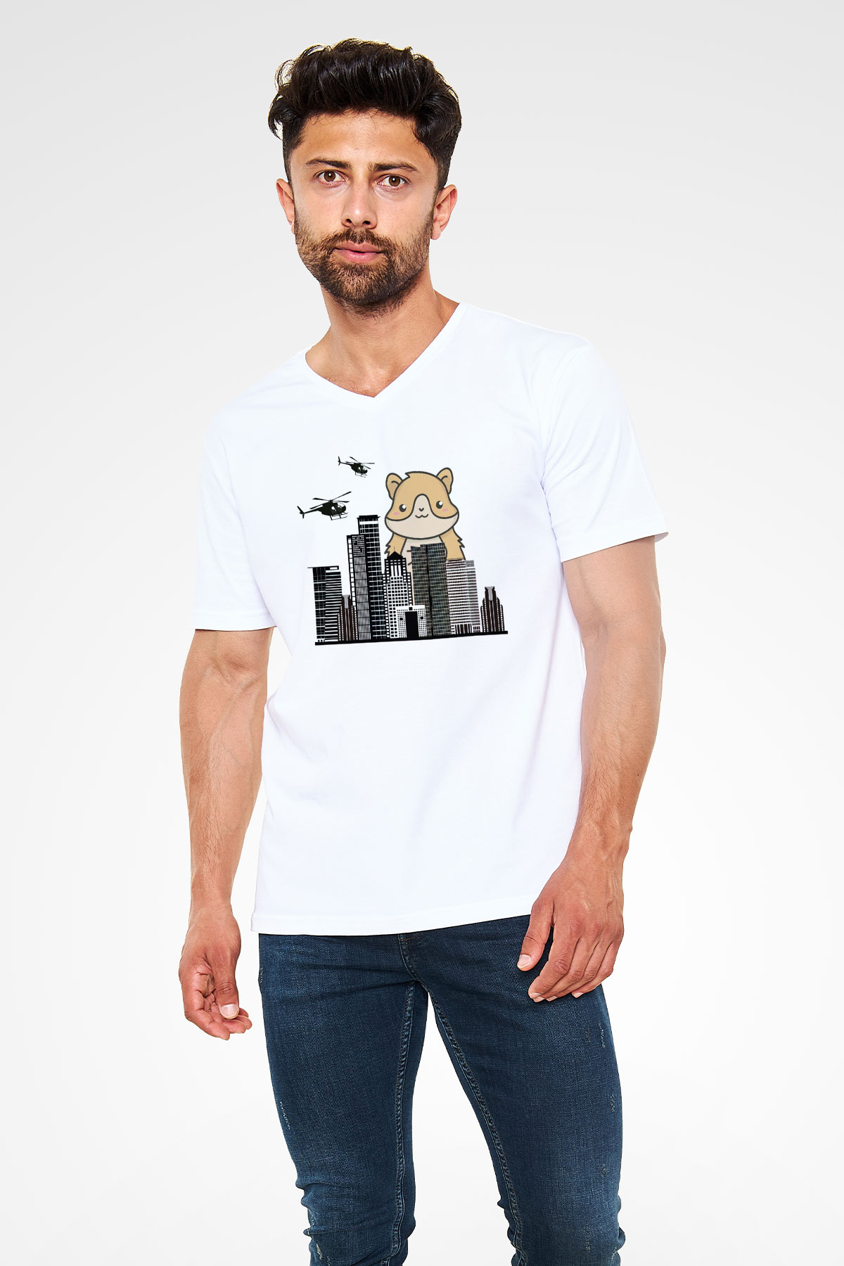 Hamster Beyaz Unisex V Yaka Tişört