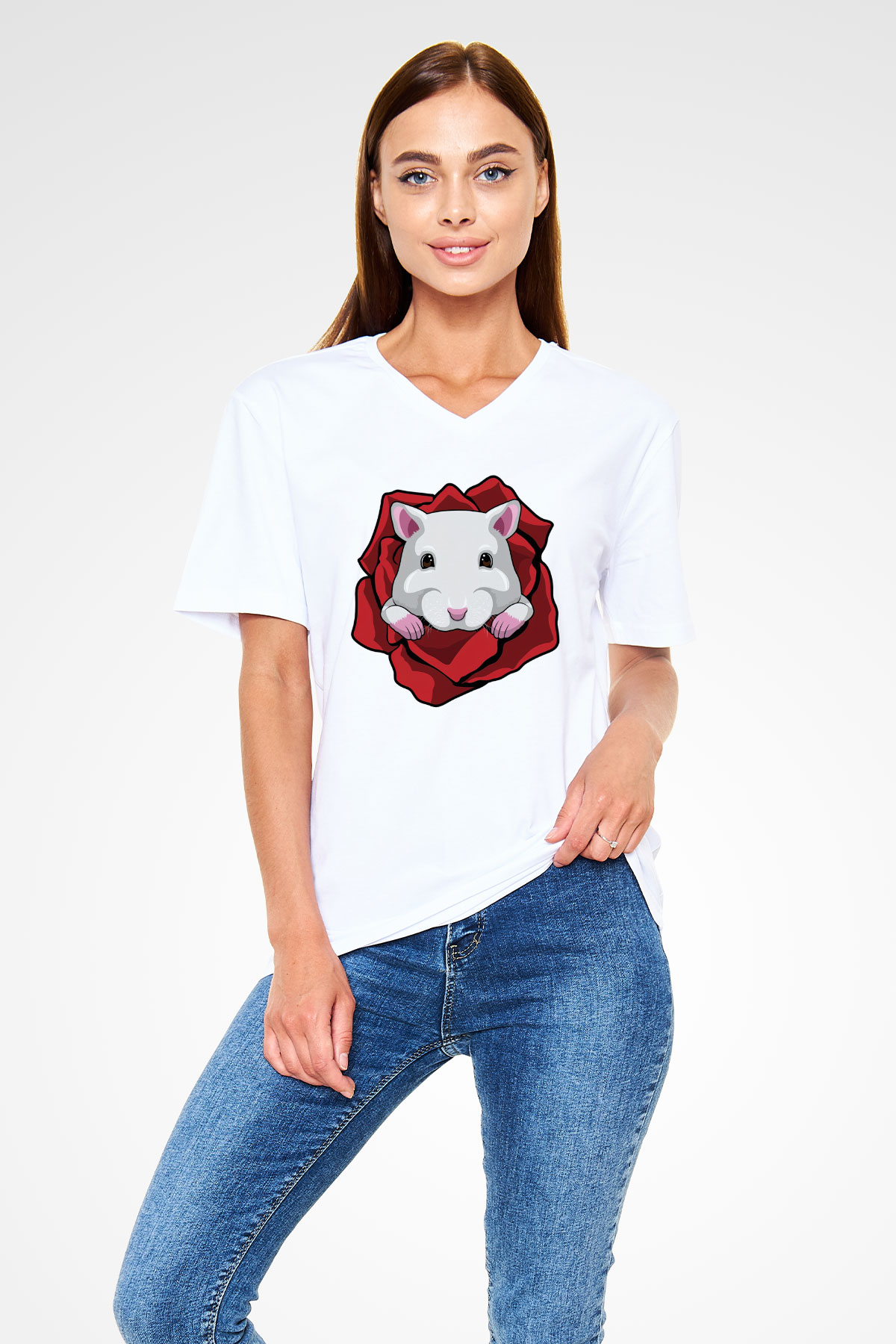 Hamster Beyaz Unisex V Yaka Tişört