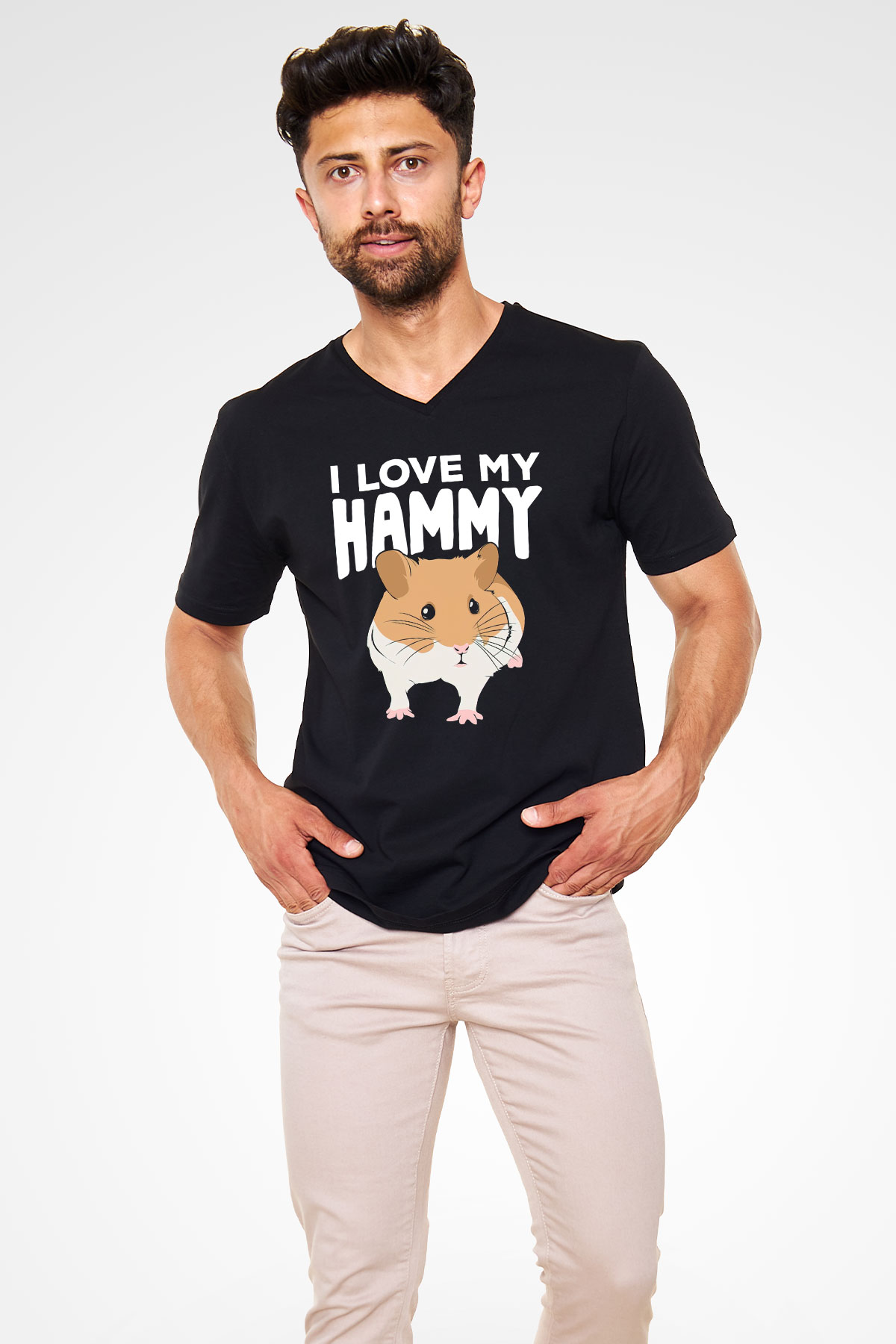 Hamster Siyah Unisex V Yaka Tişört