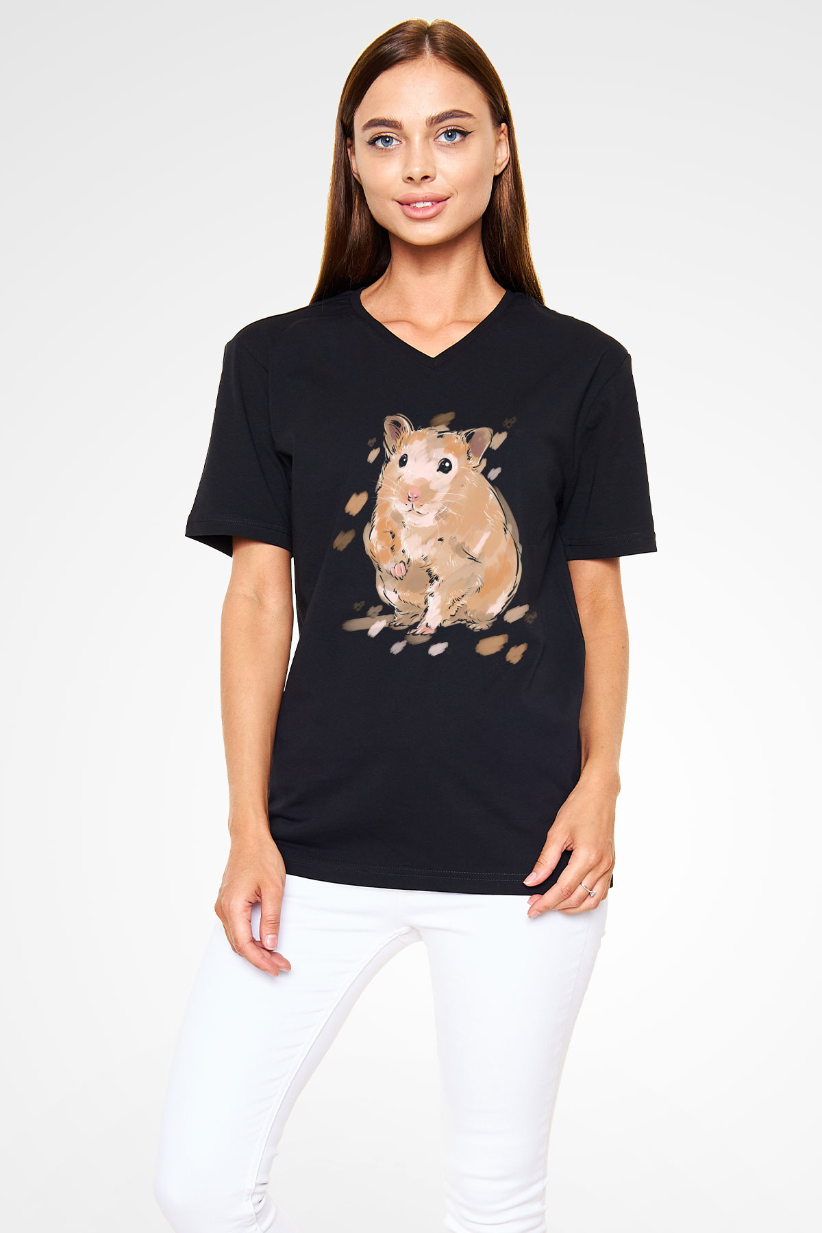 Hamster Siyah Unisex V Yaka Tişört