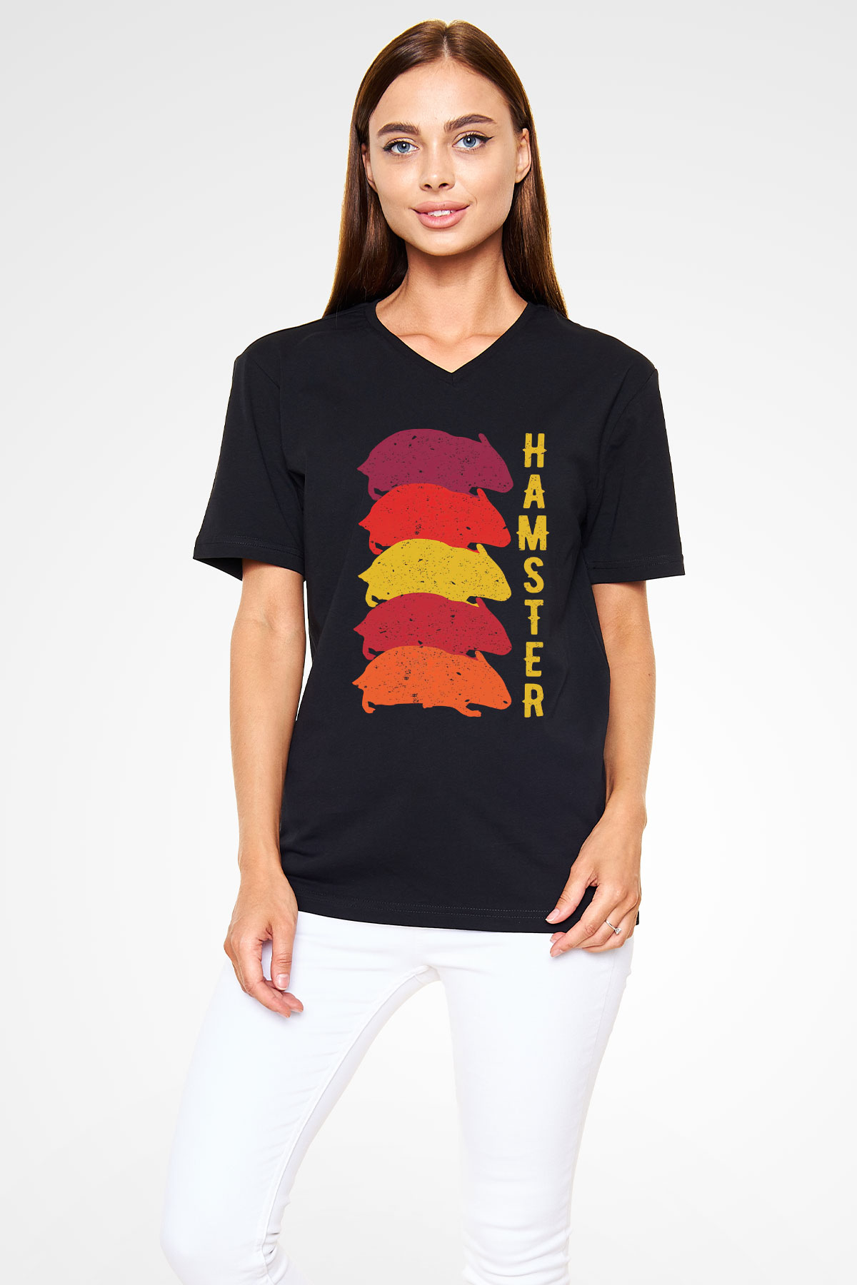 Hamster Siyah Unisex V Yaka Tişört