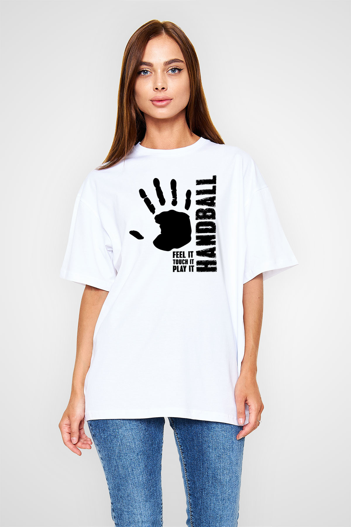 Handball Baskılı Unisex Beyaz Oversize Tişört - Tshirt