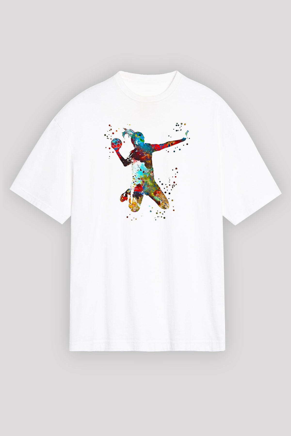 Handball Baskılı Unisex Beyaz Oversize Tişört - Tshirt