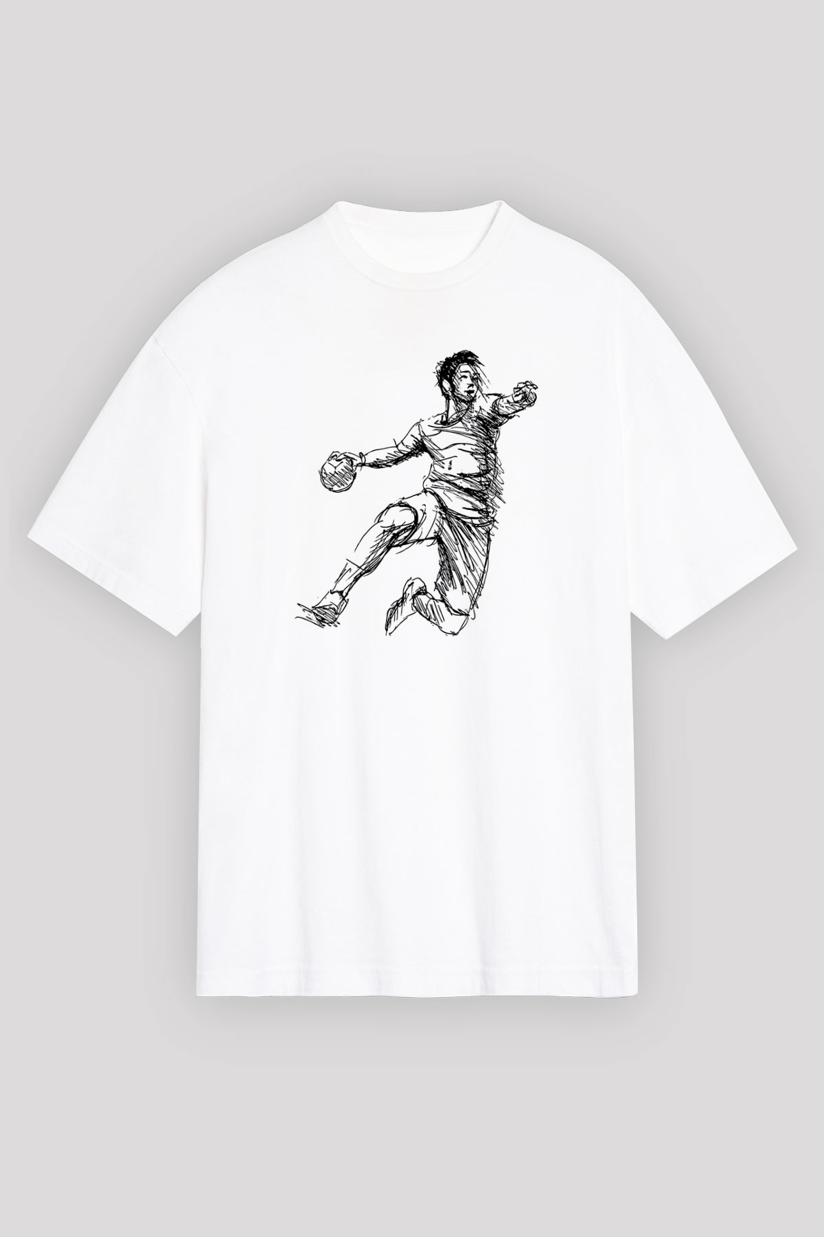 Handball Baskılı Unisex Beyaz Oversize Tişört - Tshirt