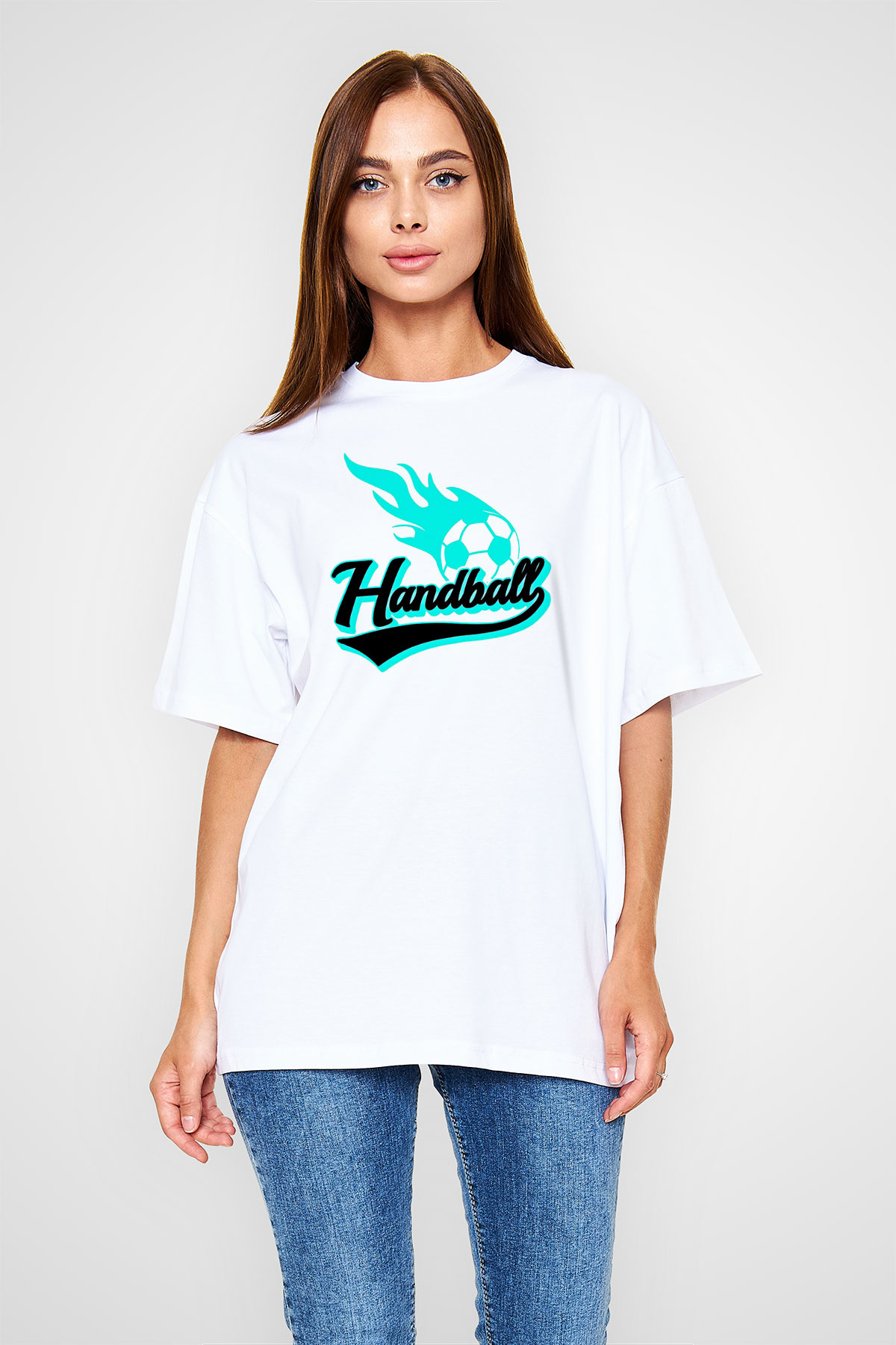 Handball Baskılı Unisex Beyaz Oversize Tişört - Tshirt