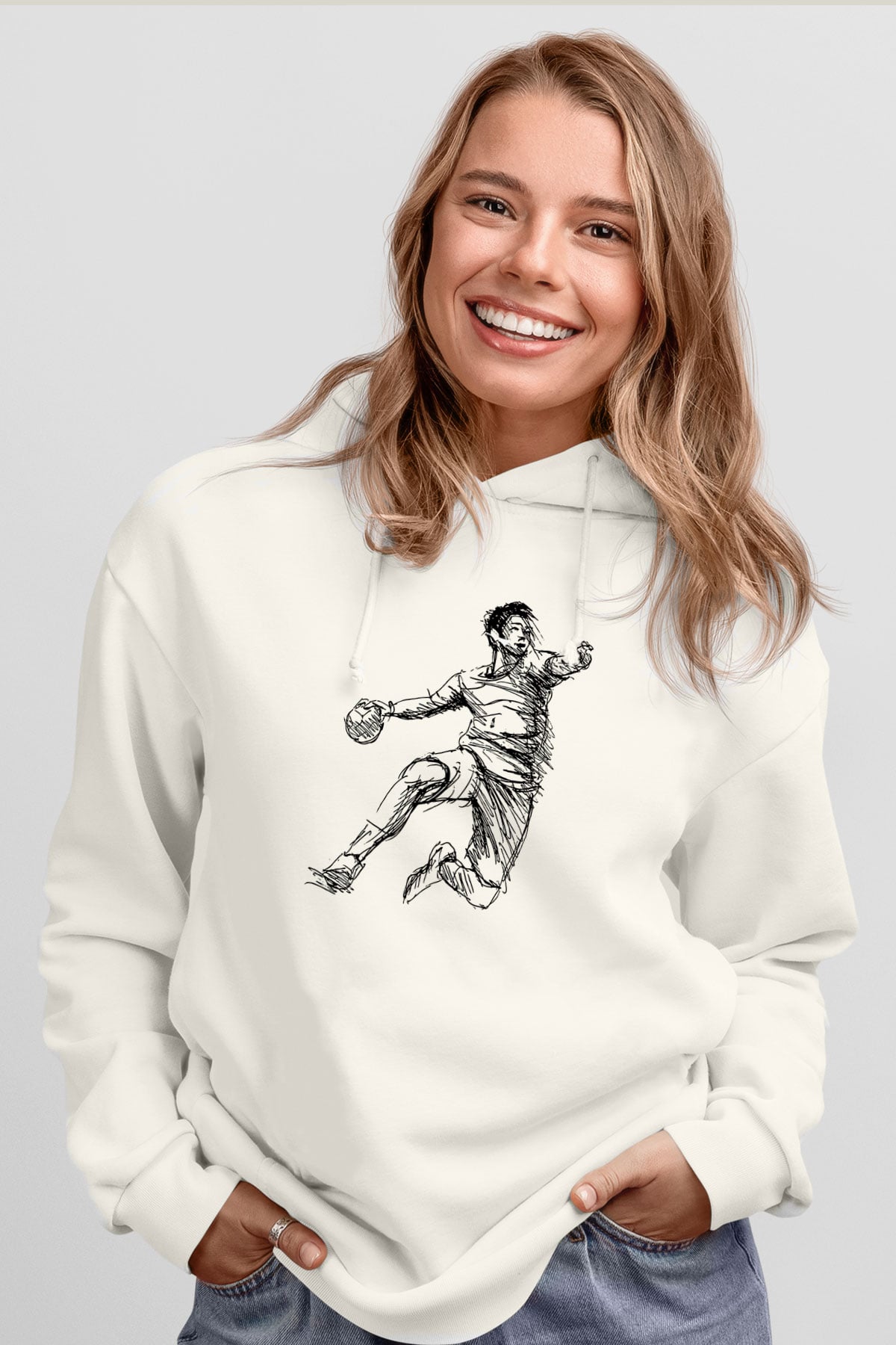 Handball Baskılı Unisex Ekru Hoodie