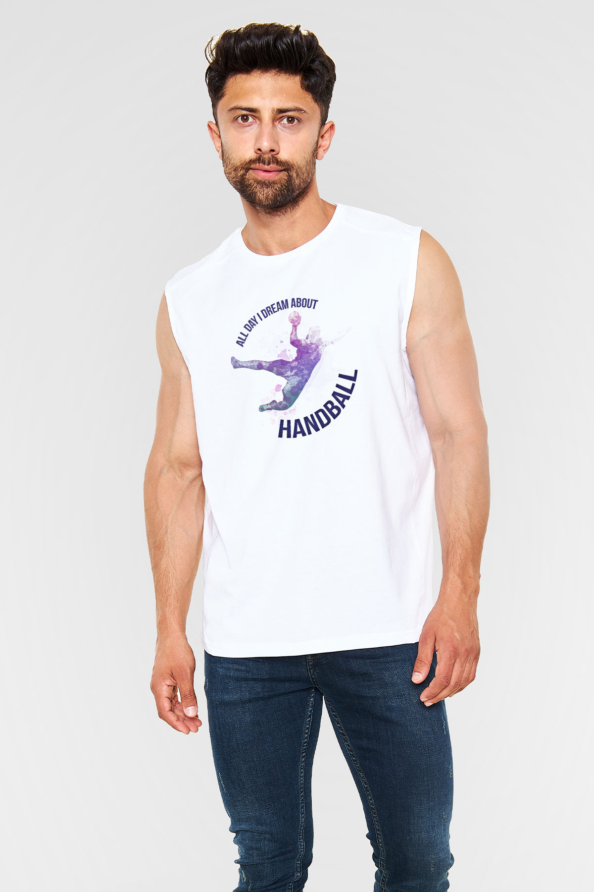 Handball Baskılı Unisex Kolsuz Beyaz Tişört