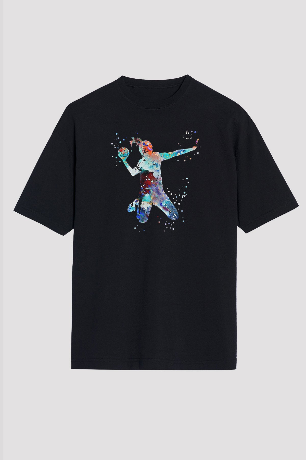 Handball Baskılı Unisex Siyah Oversize Tişört