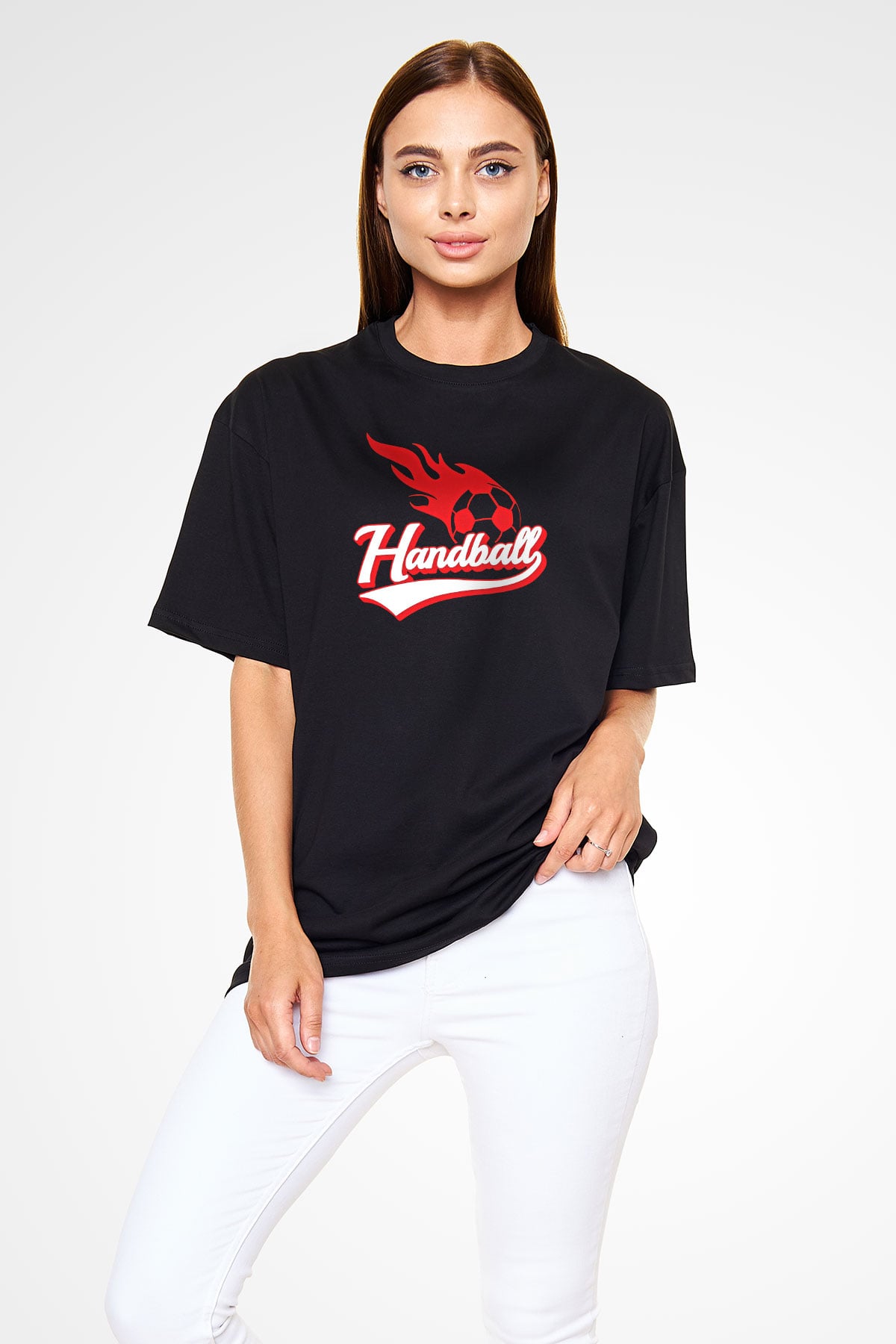 Handball Baskılı Unisex Siyah Oversize Tişört