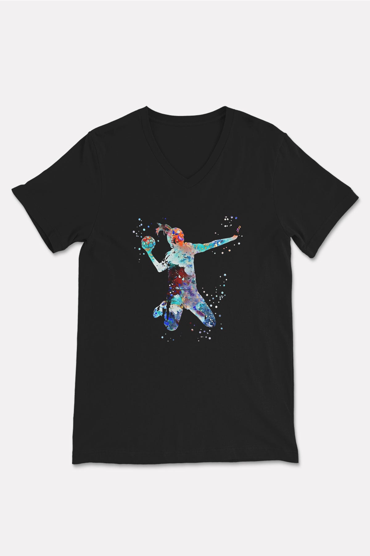 Handball Baskılı Unisex Siyah V Yaka Tişört