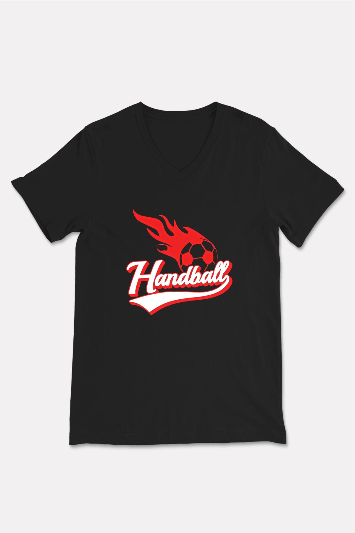Handball Baskılı Unisex Siyah V Yaka Tişört
