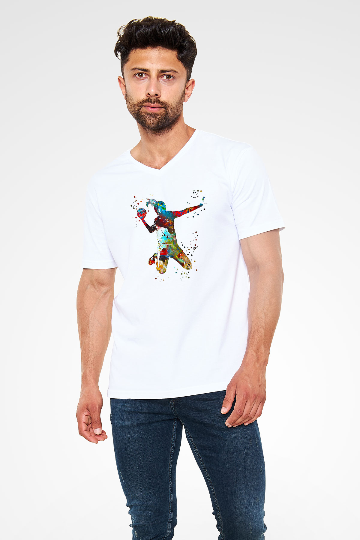 Handball Baskılı Unisex V Yaka Tişört - Tshirt