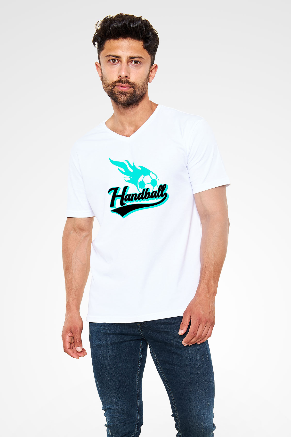 Handball Baskılı Unisex V Yaka Tişört - Tshirt