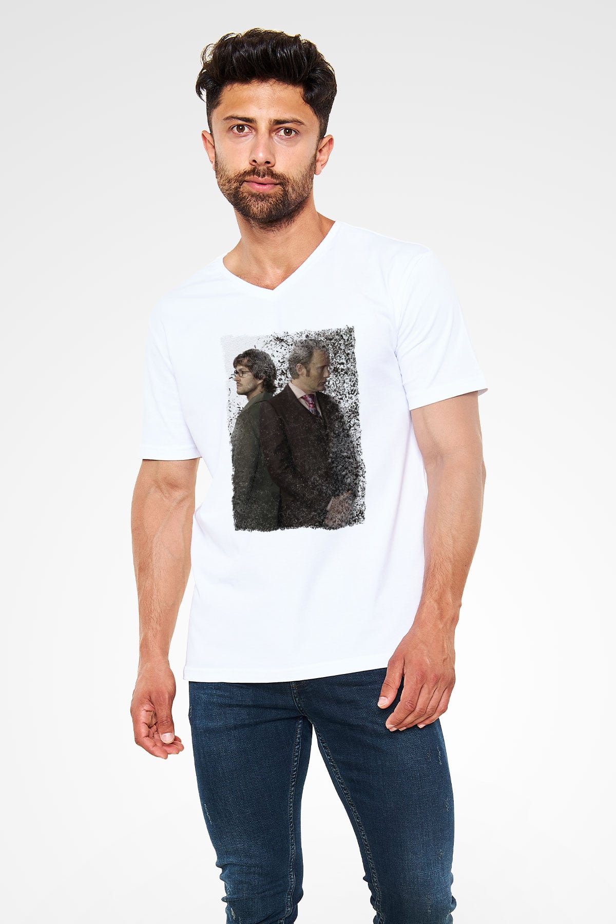 Hannibal Beyaz Unisex V Yaka Tişört
