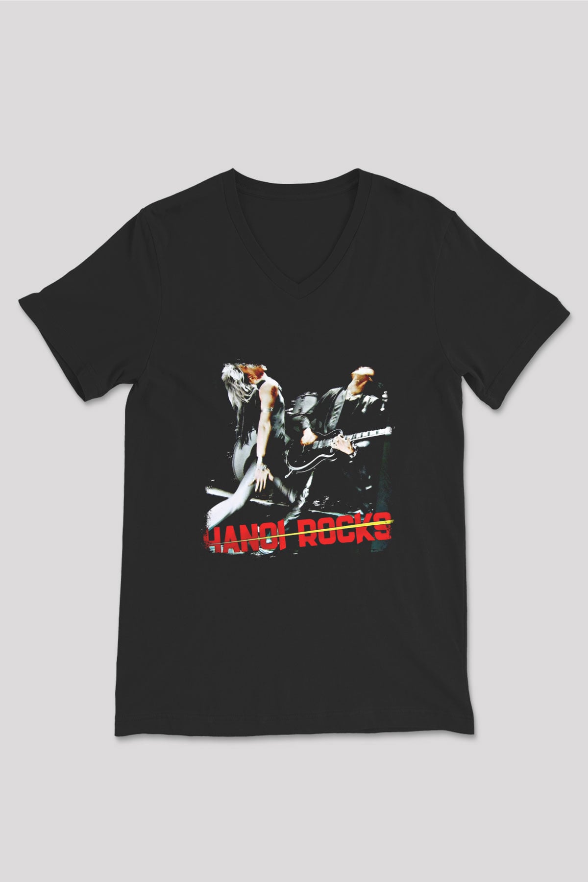 Hanoi Rocks Baskılı Unisex Siyah V Yaka Tişört
