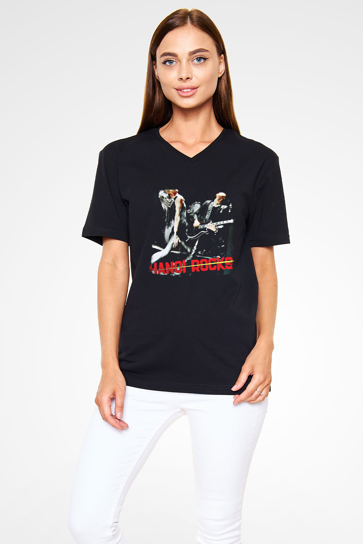 Hanoi Rocks Baskılı Unisex Siyah V Yaka Tişört