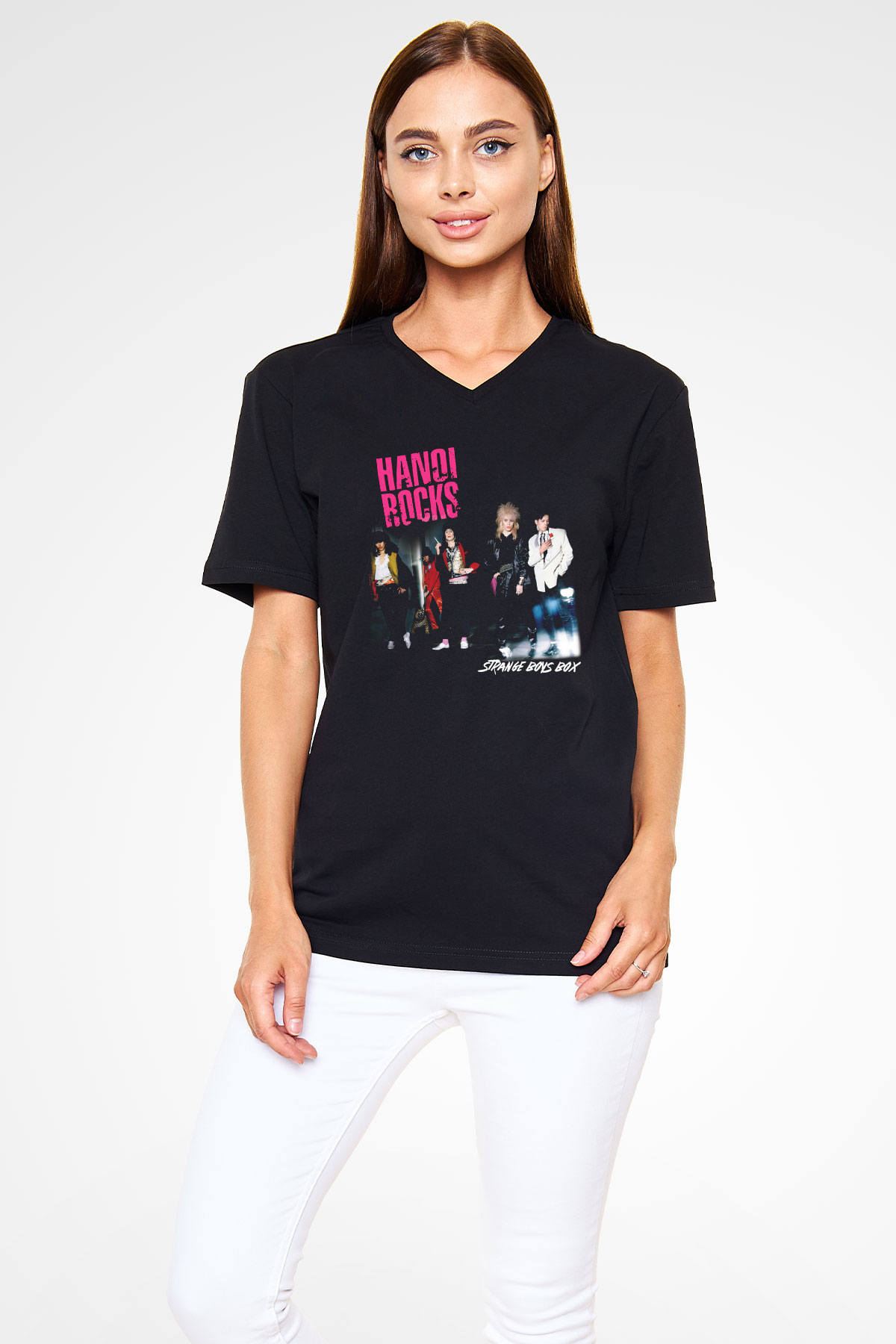 Hanoi Rocks Siyah Unisex V Yaka Tişört T-Shirt