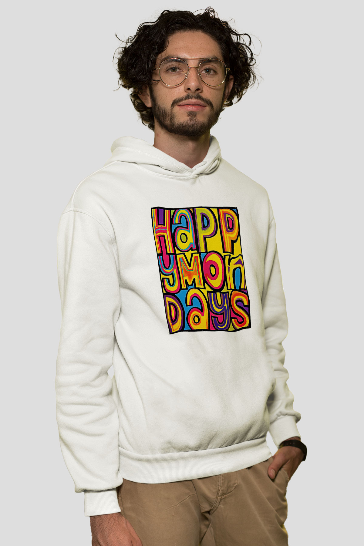 Happy Mondays Baskılı Beyaz Unisex Kapüşonlu Sweatshirt
