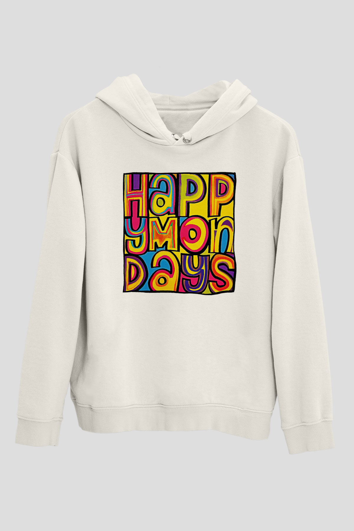 Happy Mondays Baskılı Beyaz Unisex Kapüşonlu Sweatshirt