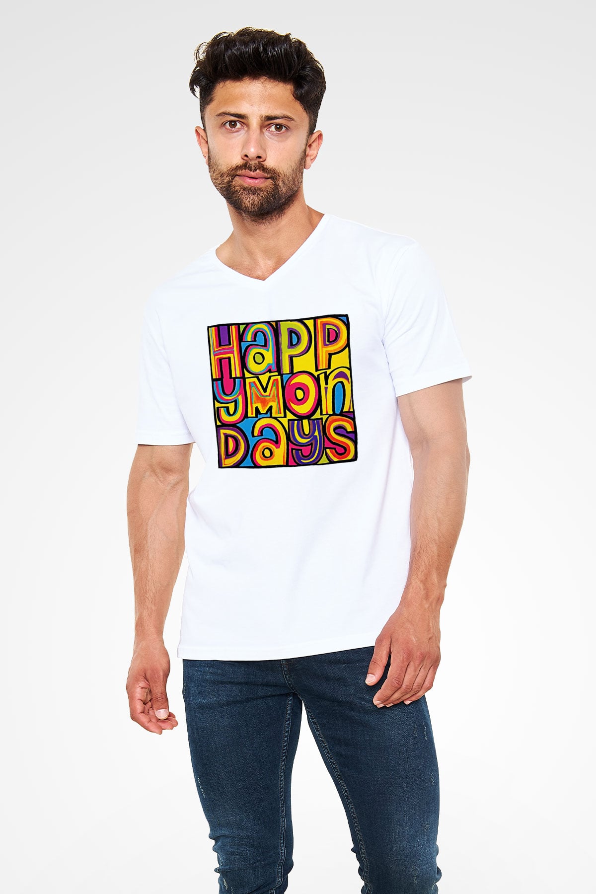 Happy Mondays Baskılı Beyaz Unisex V Yaka Tişört - Tshirt